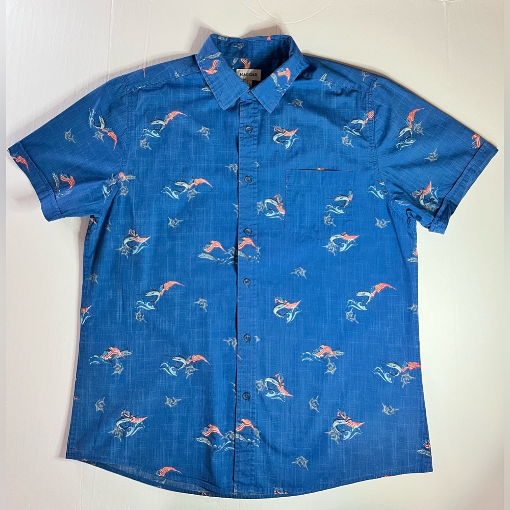 HAGGAR Shirt Mens Short Sleeve Size Large Button Up Royal Blue Printed
